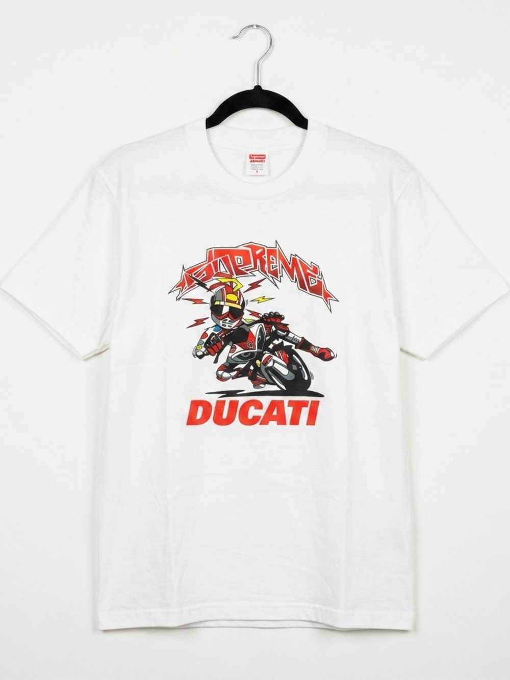 Supreme Ducati White Graphic Tee with Red Motorcycle Print
